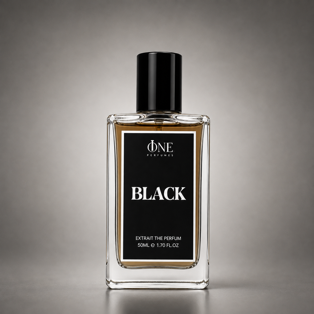 A 50ml bottle of One Perfume 'Black' extrait perfume, featuring a clear glass bottle with amber liquid, a black label with white text, and a black cap, set against a dark gray gradient background.