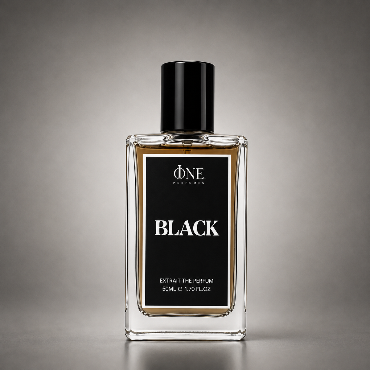 A 50ml bottle of One Perfume 'Black' extrait perfume, featuring a clear glass bottle with amber liquid, a black label with white text, and a black cap, set against a dark gray gradient background.