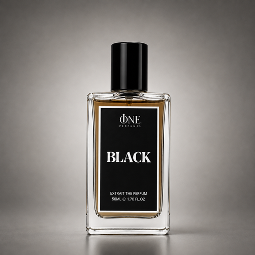 A 50ml bottle of One Perfume 'Black' extrait perfume, featuring a clear glass bottle with amber liquid, a black label with white text, and a black cap, set against a dark gray gradient background.