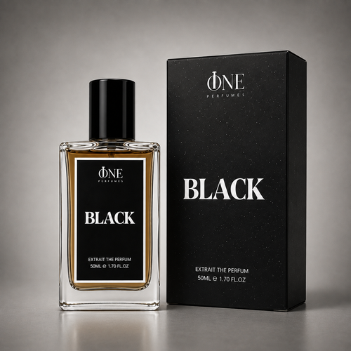 A bottle of One Perfumes 'Black' extract perfume next to its black packaging box, set against a neutral gray background.