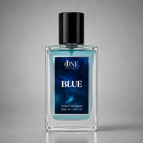 A rectangular glass perfume bottle with a black cap and a blue label reading 'ONE PERFUMES BLUE', shown on a neutral gray background.