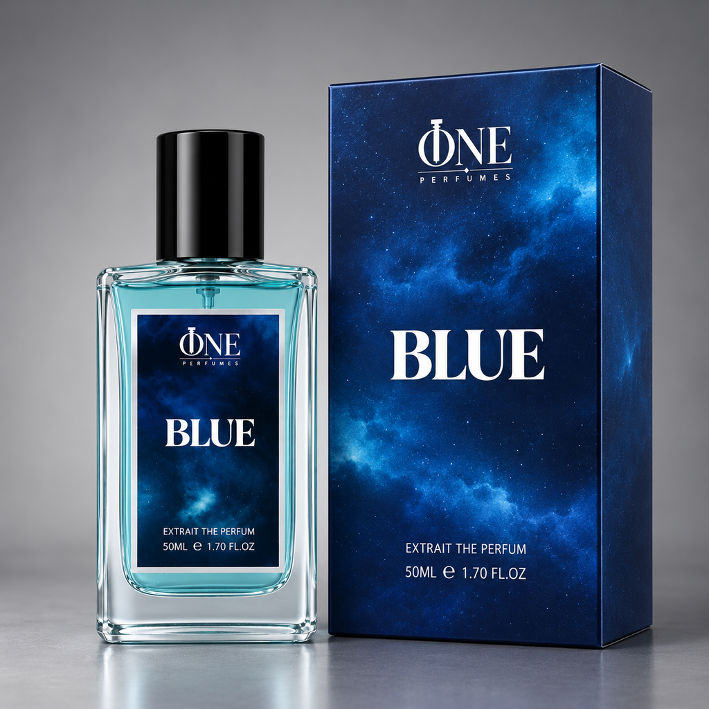 A bottle of ONE Perfumes 'Blue' extrait the perfume next to its blue galaxy-patterned box, set against a neutral gray background.