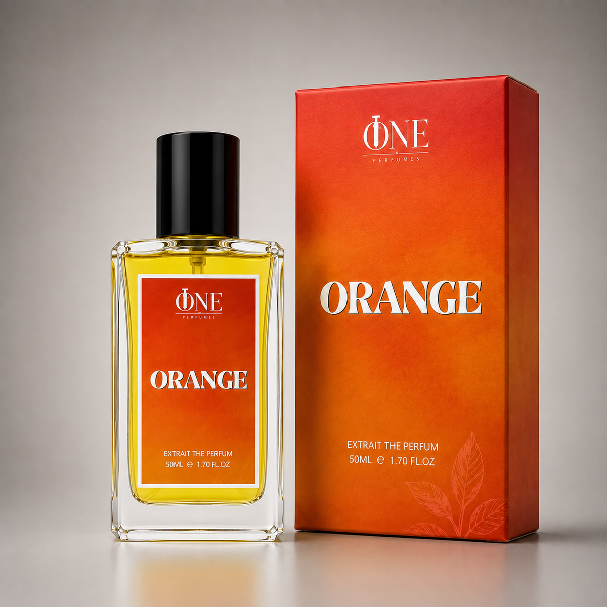 A bottle of ONE Perfume ORANGE extract perfume with a black cap and orange label, shown next to its matching orange gradient box on a neutral gray background.