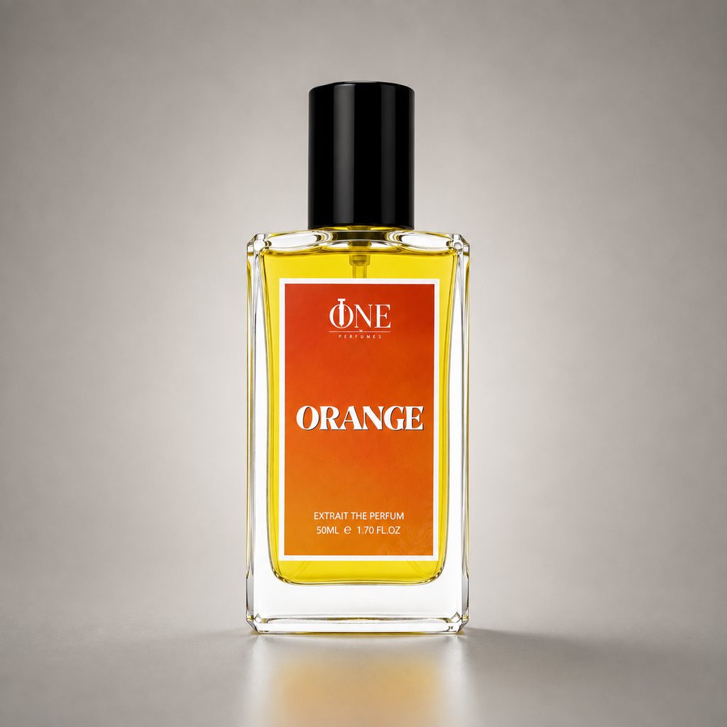 A clear glass perfume bottle with a black cap and a prominent orange label reading 'ONE Perfume ORANGE', filled with yellow-orange liquid, set against a neutral gray background.
