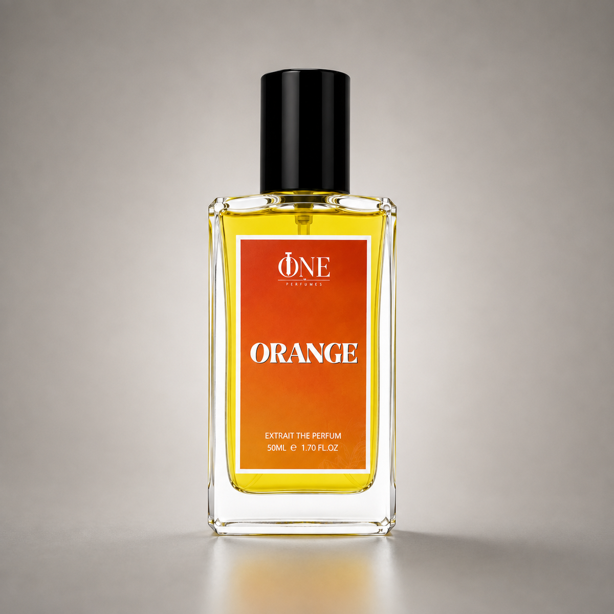 A clear glass perfume bottle with a black cap and a prominent orange label reading 'ONE Perfume ORANGE', filled with yellow-orange liquid, set against a neutral gray background.