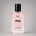 A rectangular glass bottle of One Perfume Pink Extrait Perfume with a black cap and a pink label, set against a neutral gray background.