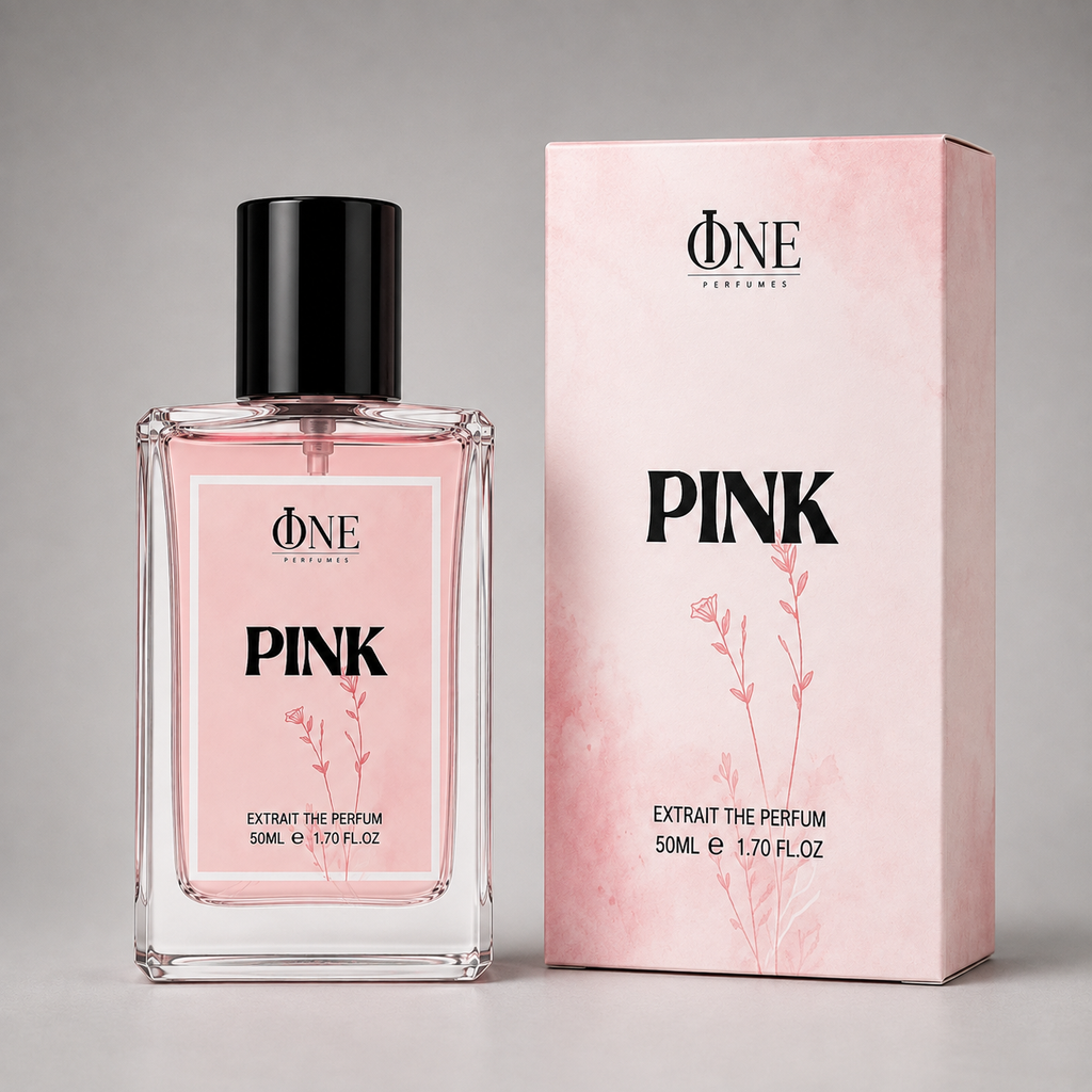 A bottle of ONE Perfumes Pink Extract the Perfum next to its pink packaging box, both featuring a light pink watercolor texture, black text, and delicate pink floral illustrations on a neutral gray background.