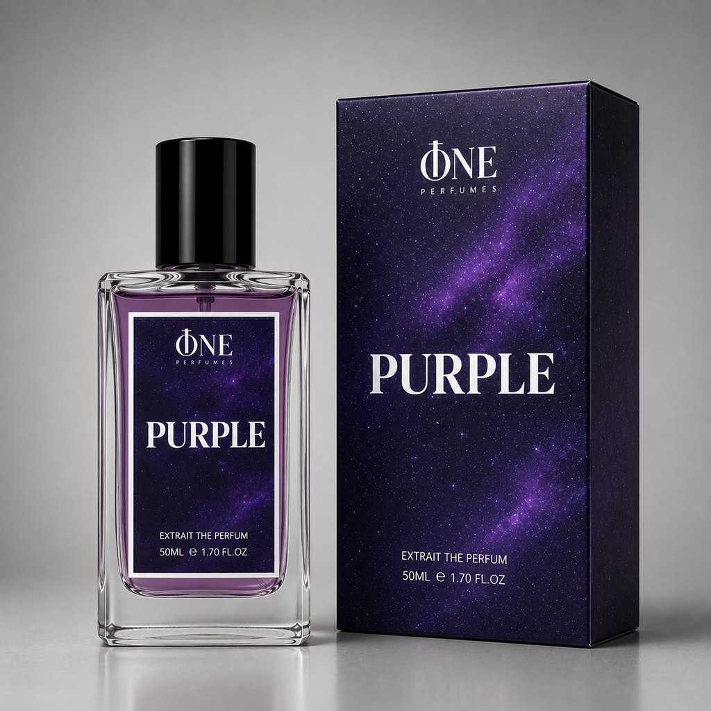 A bottle of One Perfumes 'Purple' extract perfume stands next to its retail box. The bottle is made of clear glass, showing a purple liquid inside, with a black cap and a purple label.