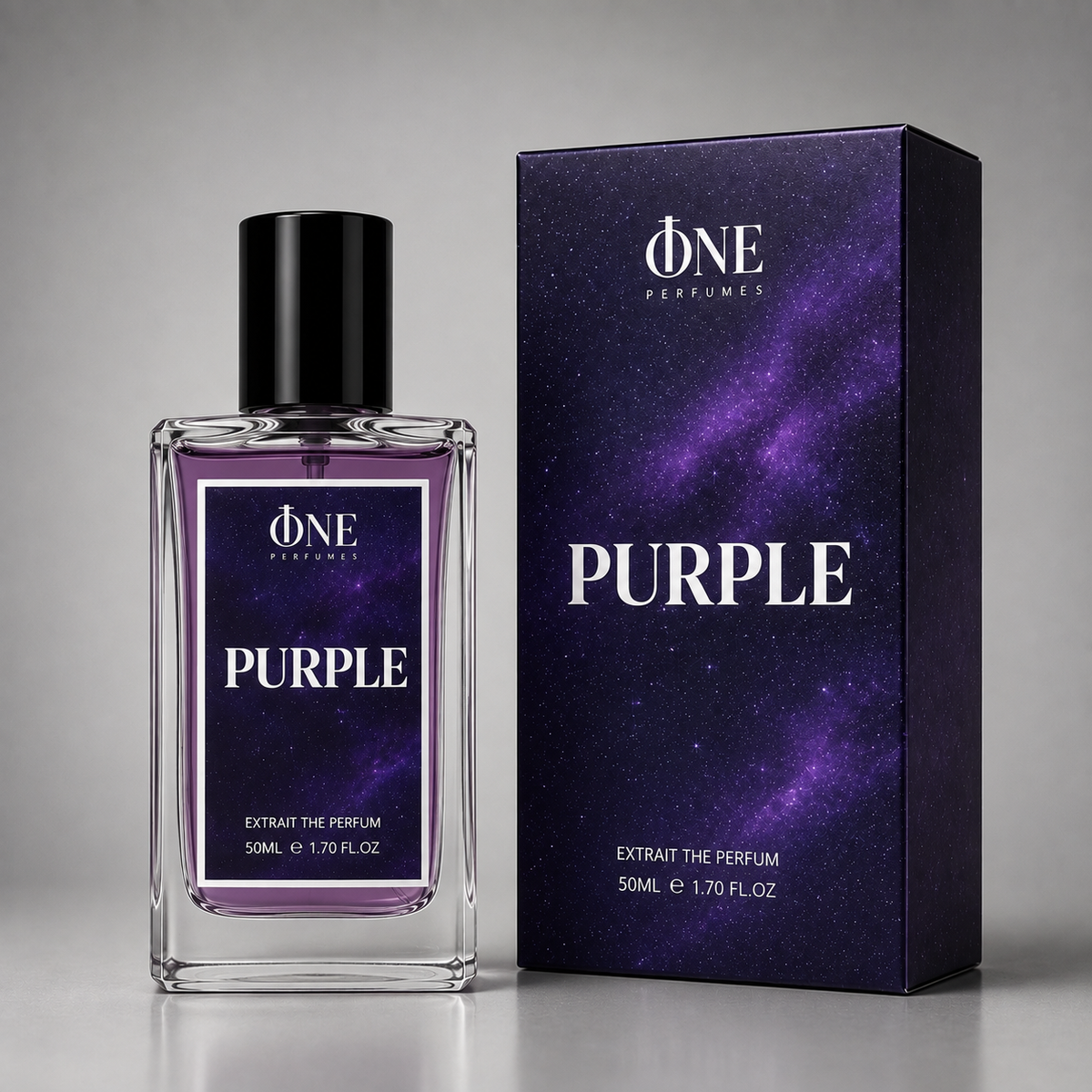 A bottle of One Perfumes 'Purple' extract perfume stands next to its retail box. The bottle is made of clear glass, showing a purple liquid inside, with a black cap and a purple label.