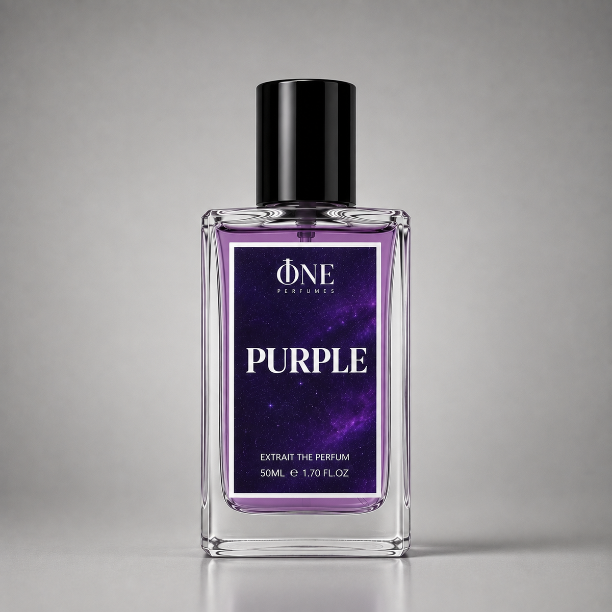 A 50ml bottle of One Perfumes 'Purple' extrait perfume, featuring a clear glass bottle with a black cap and a purple galaxy-patterned label, set against a neutral gray background.