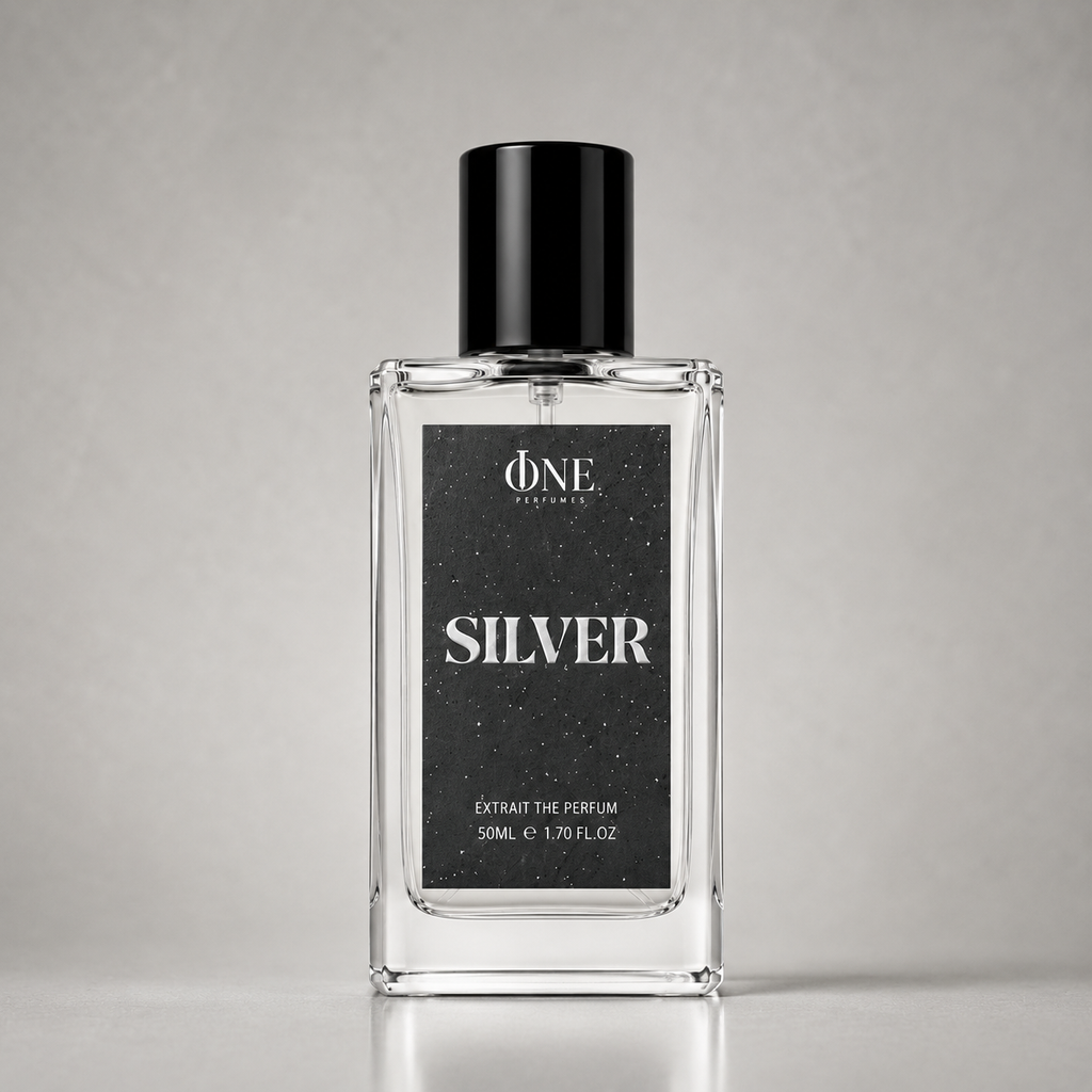 A rectangular glass perfume bottle with a black cap and a black label reading 'ONE PERFUME SILVER', photographed against a neutral light gray background.