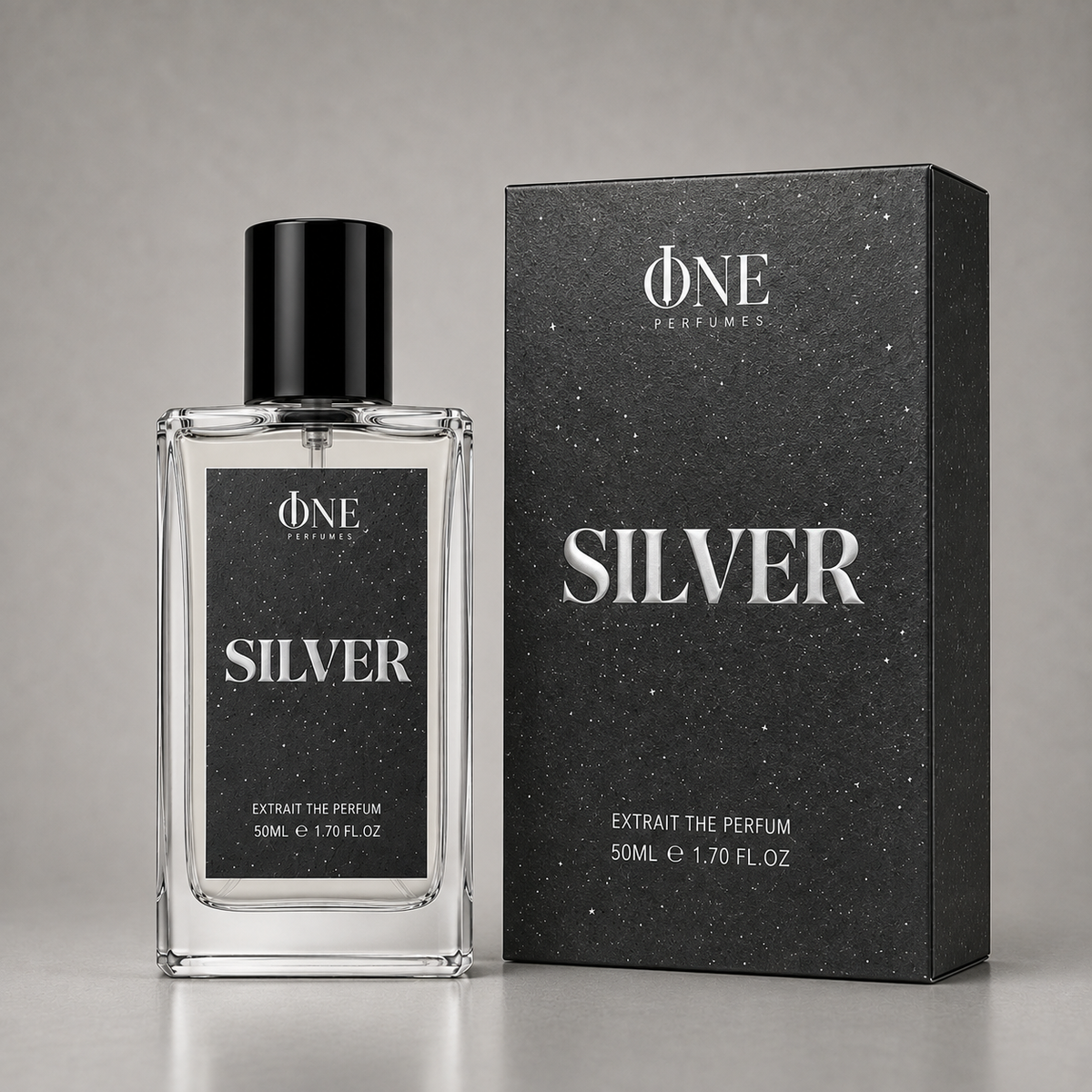 A clear rectangular perfume bottle with a black cap and black label reading 'SILVER' stands beside a tall black speckled box with the same branding and product name on a light gray studio background.