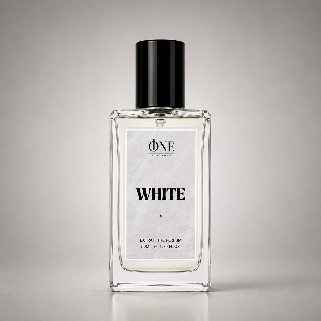 A clear glass perfume bottle with a black cap and a white label reading 'ONE CRAFTS WHITE EXTRAIT THE PERFUME', centered on a light gray background.