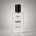 A clear glass perfume bottle with a black cap and a white label reading 'ONE CRAFTS WHITE EXTRAIT THE PERFUME', centered on a light gray background.