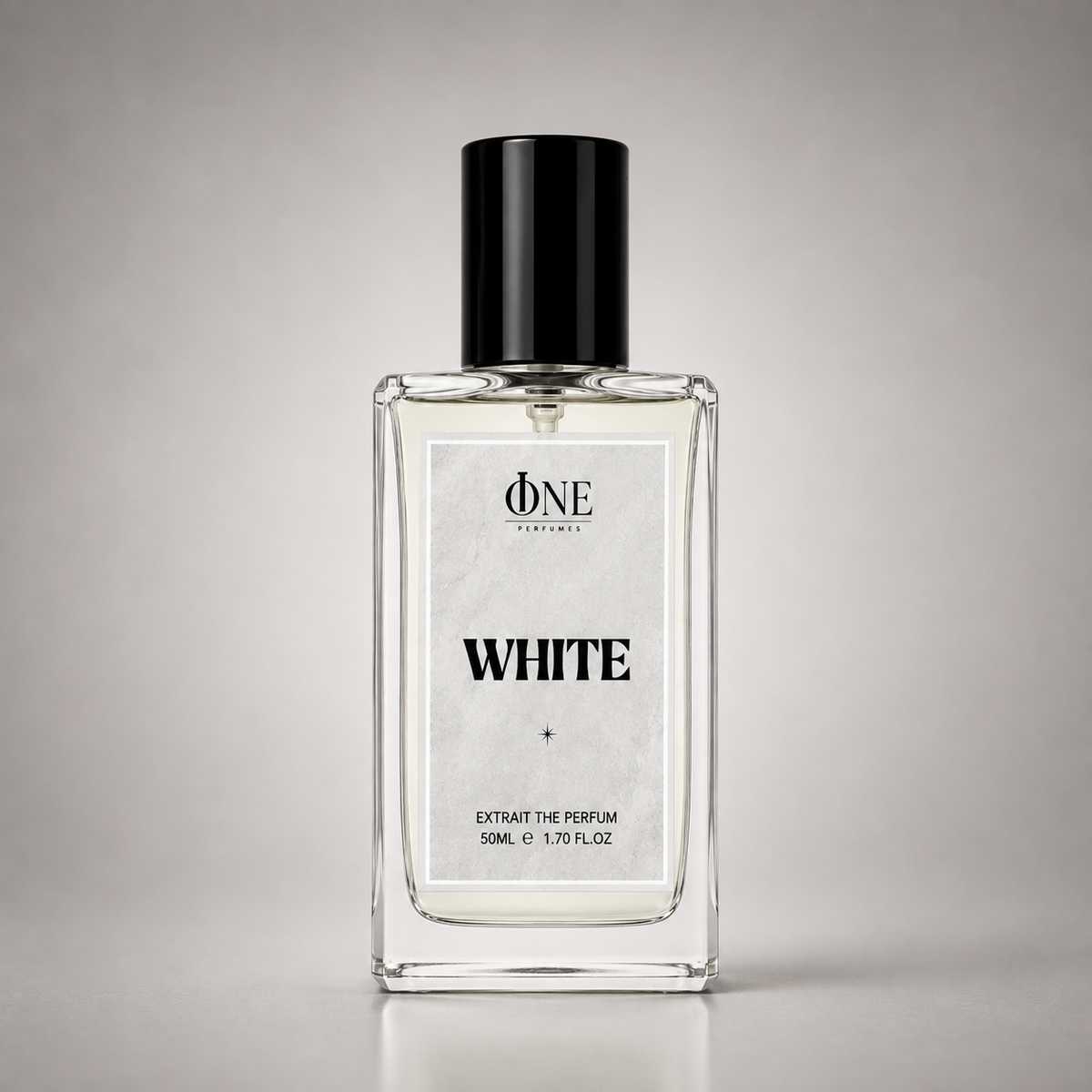 A clear glass perfume bottle with a black cap and a white label reading 'ONE CRAFTS WHITE EXTRAIT THE PERFUME', centered on a light gray background.