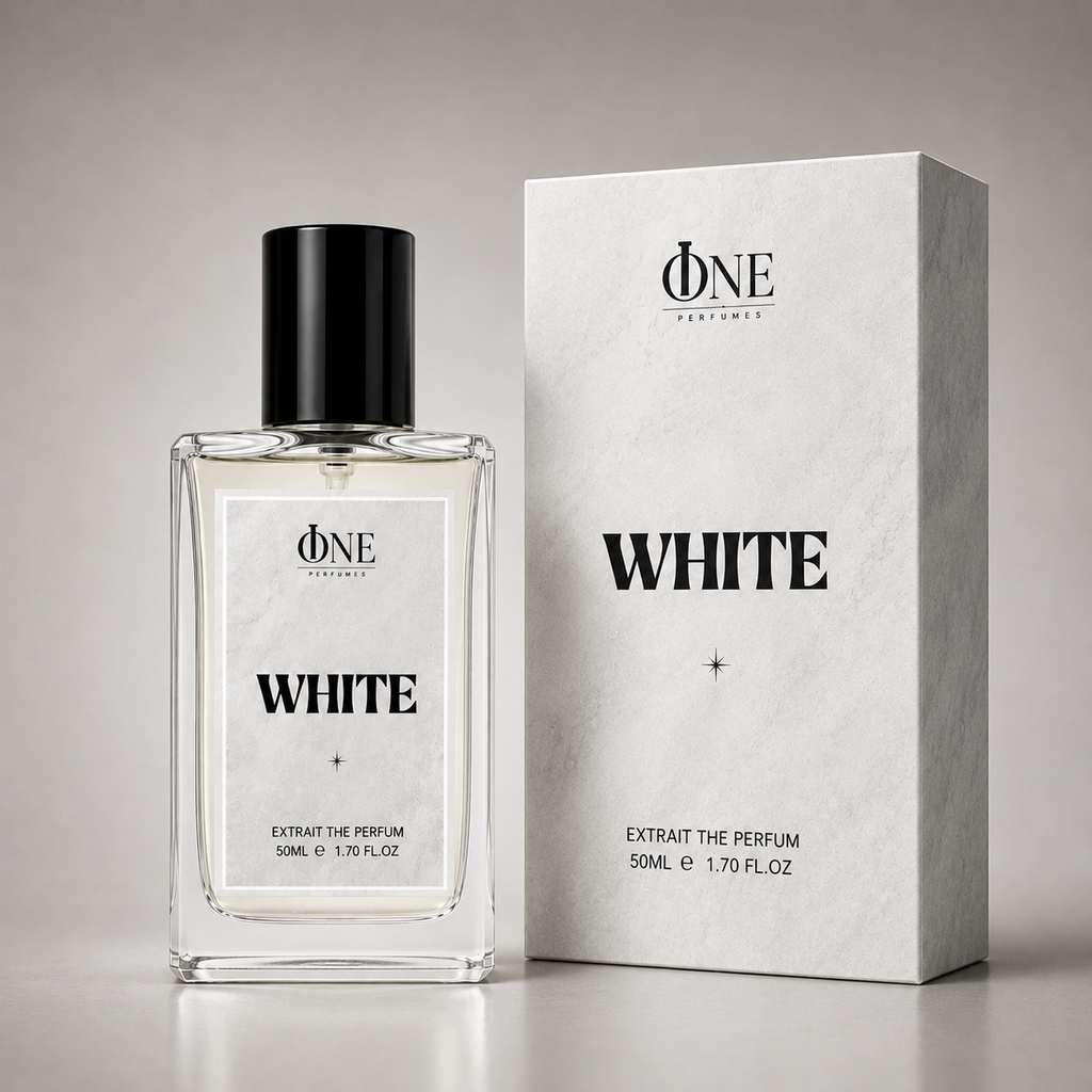 A clear rectangular perfume bottle with a black cap stands beside its white marble-texture box. Both the bottle label and the box display the brand name 'ONE Perfumes' and the product name 'WHITE'.