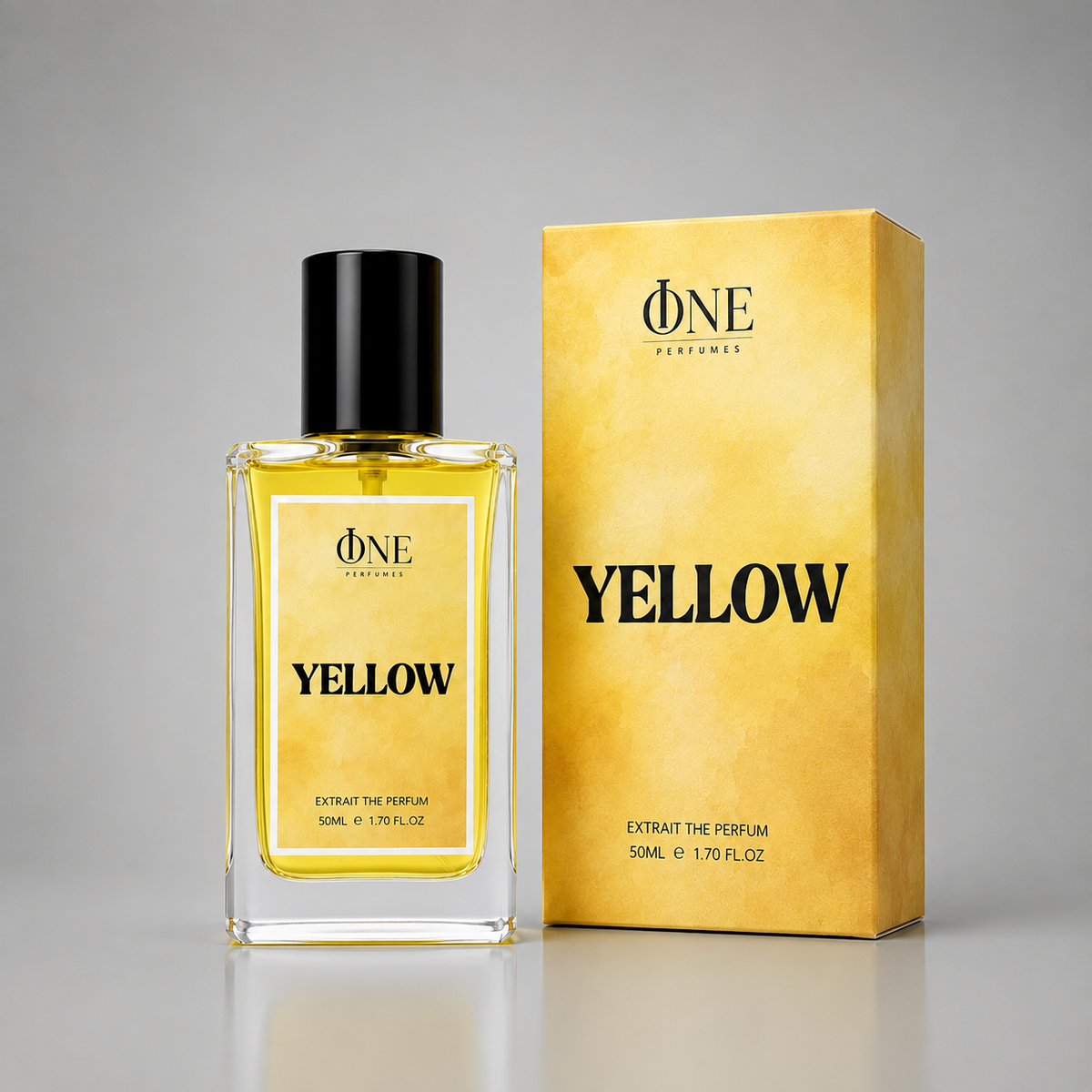 A bottle of One Perfumes 'Yellow' extrait perfume next to its textured yellow packaging box, set against a neutral gray background.