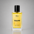 A rectangular glass perfume bottle filled with bright yellow liquid, featuring a black cap and a yellow label with black text that reads 'ONE PERFUMES' and 'YELLOW'.
