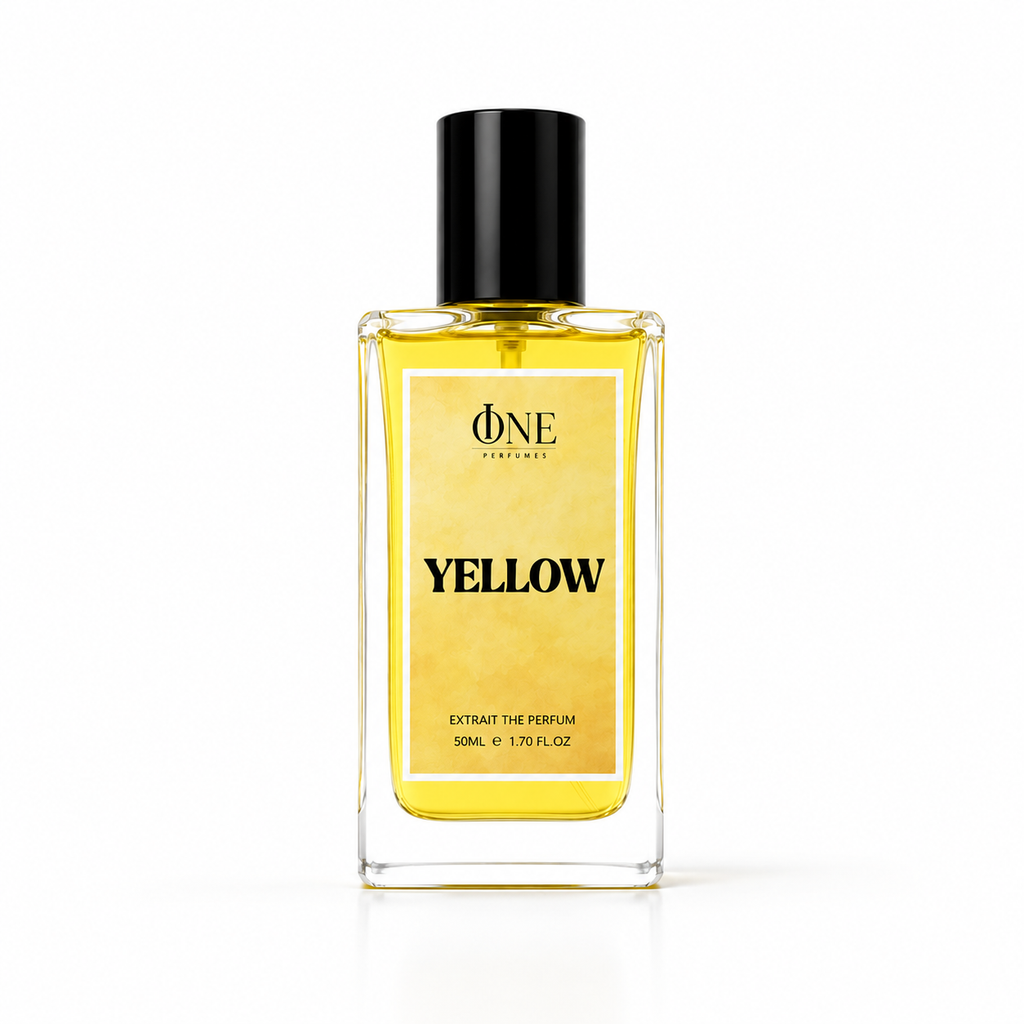 A 50ml glass perfume bottle with a black cap, filled with yellow liquid, featuring a gold label with the brand name 'ONE PERFUMES' and the scent name 'YELLOW'.